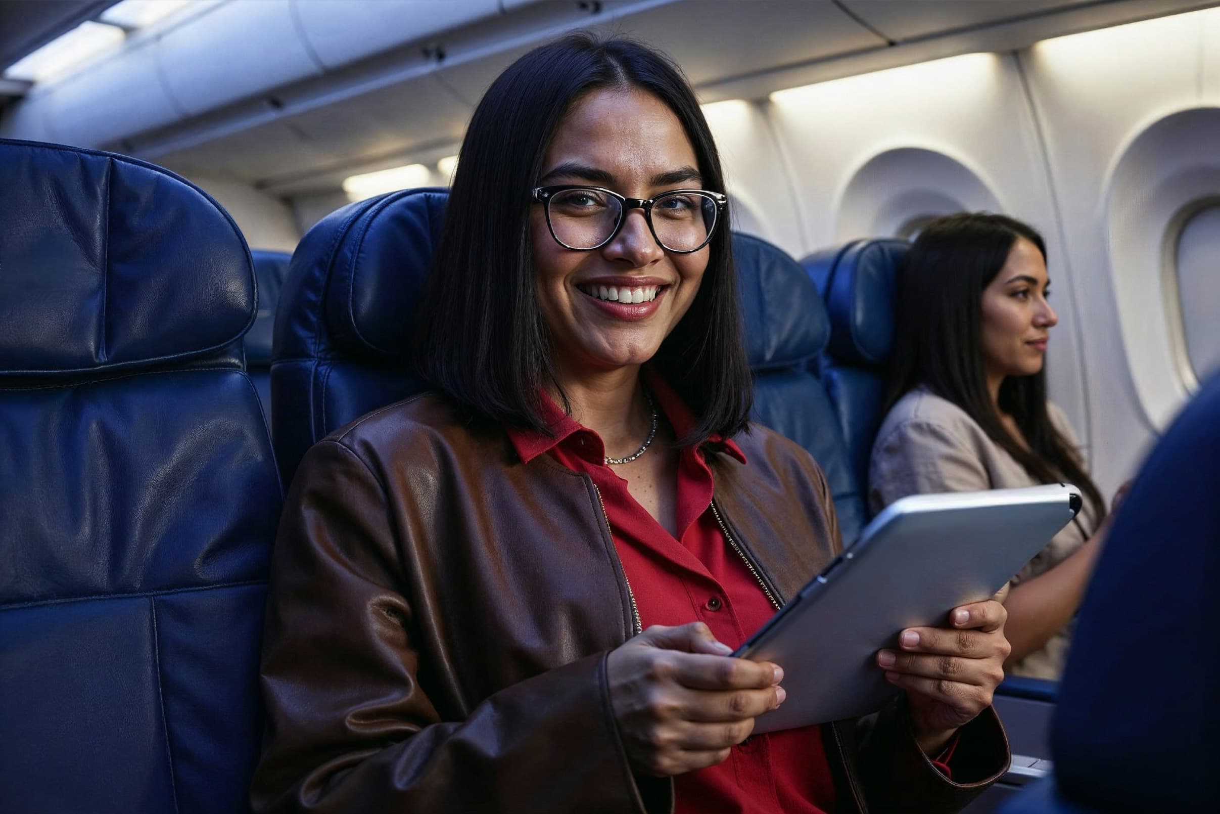Premium economy cabin — passenger with tablet